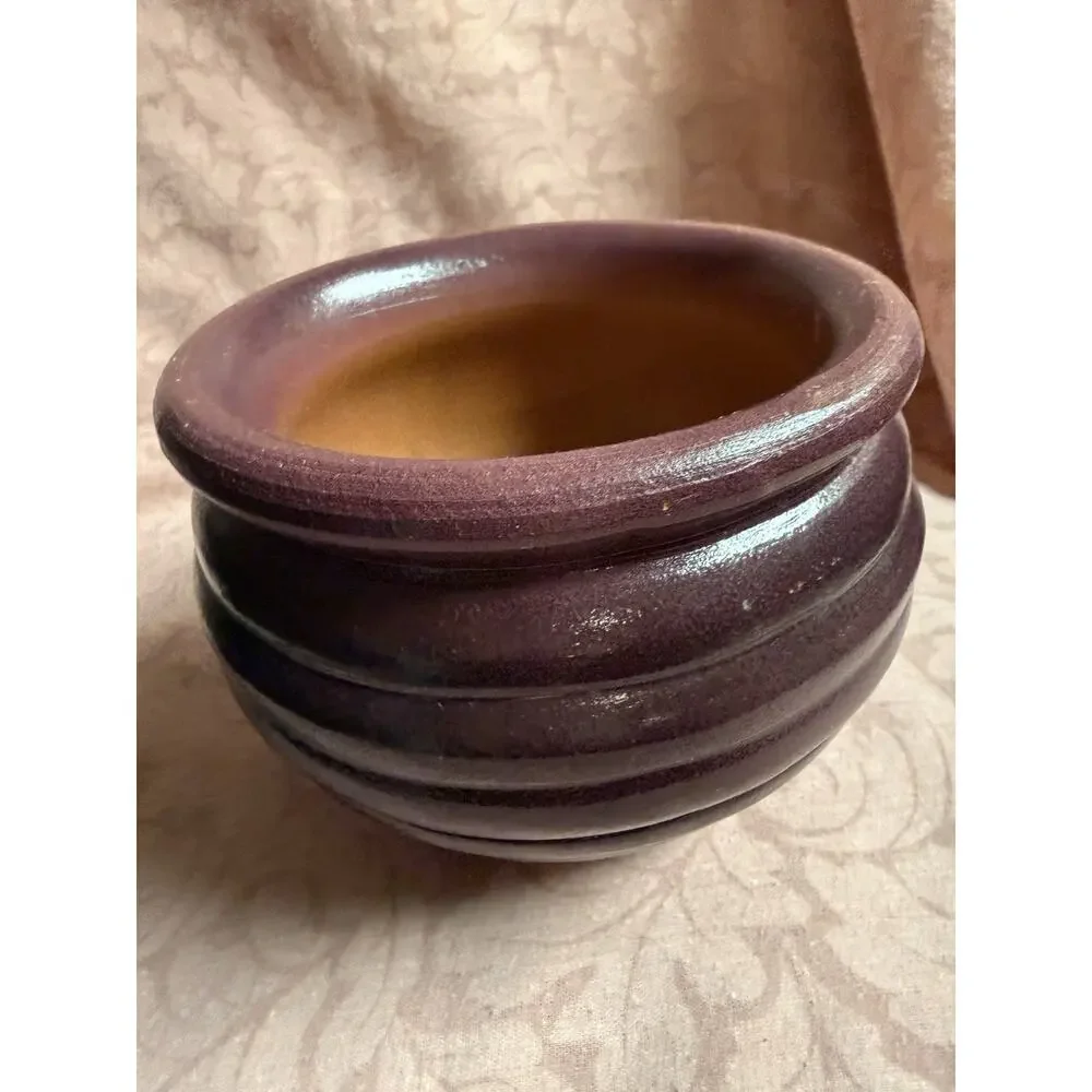Vintage STEFANI Brazil Handmade Pottery Ribbed Maroon Jardiniere Planter Pot